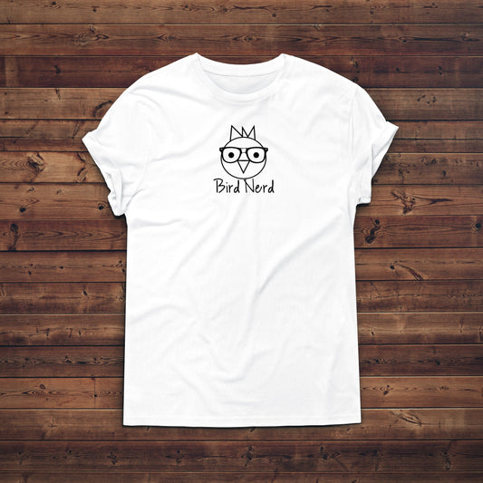 White t-shirt with a graphic design on a wooden background